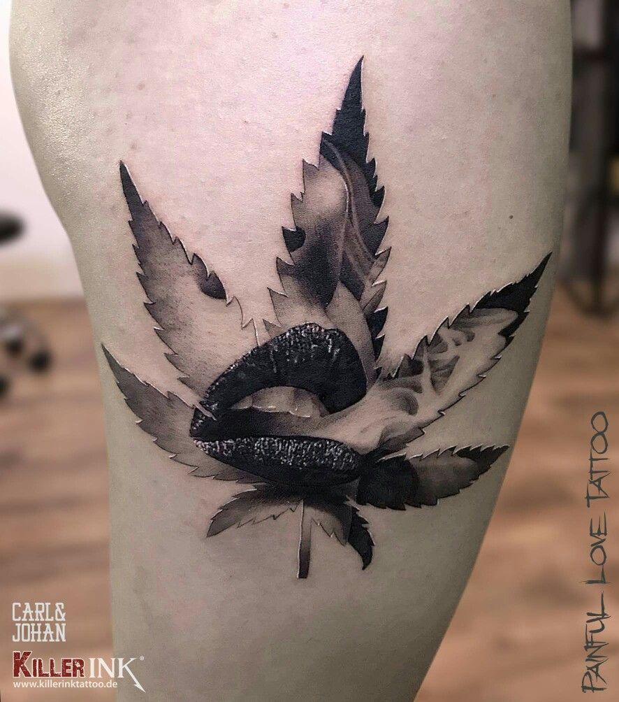 tatuagem folha de maconha com uma boca